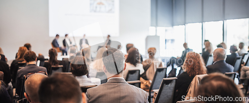 Image of Interview and round table discussion at business convention and presentation. Audience at the conference hall. Business and entrepreneurship symposium