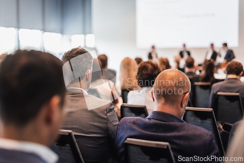 Image of Interview and round table discussion at business convention and presentation. Audience at the conference hall. Business and entrepreneurship symposium