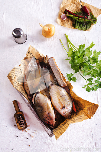 Image of raw fish on wooden tray