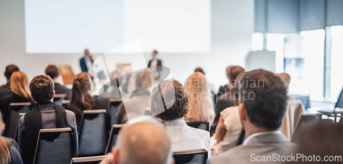 Image of Interview and round table discussion at business convention and presentation. Audience at the conference hall. Business and entrepreneurship symposium