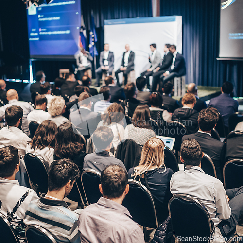 Image of Round table discussion at business conference meeting event.. Audience at the conference hall. Business and entrepreneurship symposium.