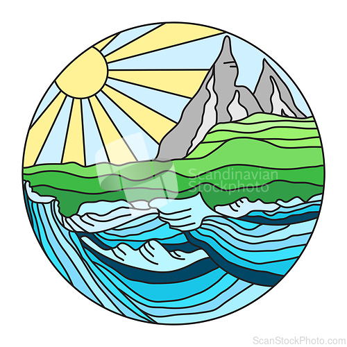 Image of Landscape of sun, hills, grass and water
