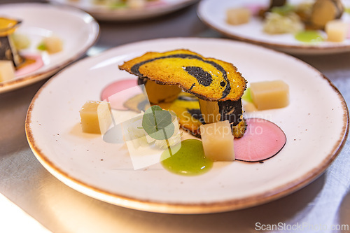 Image of Small gourmet appetizer with colorful ingredients