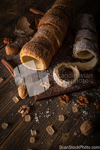 Image of Chimney cake on a rustic wooden board