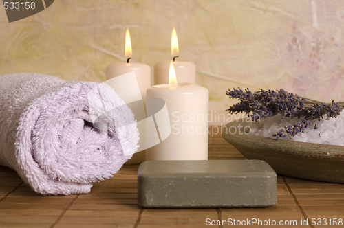 Image of lavender bath items. aromatherapy