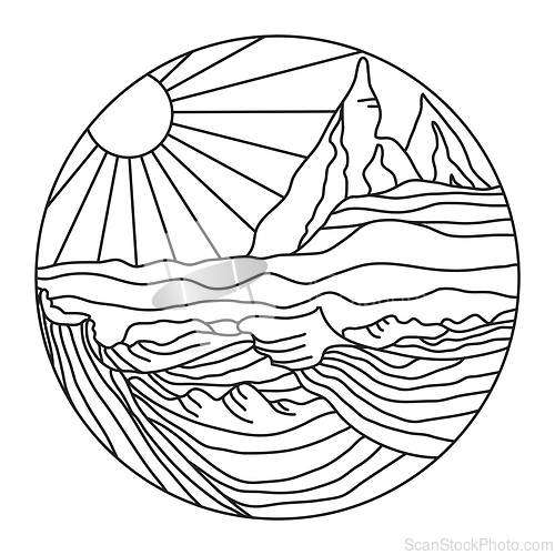 Image of line drawing of landscape with sun, water and mountains