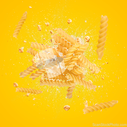 Image of Fusilli pasta flying