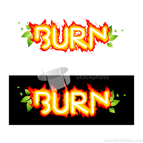 Image of Text Burn with green leaves on black and white