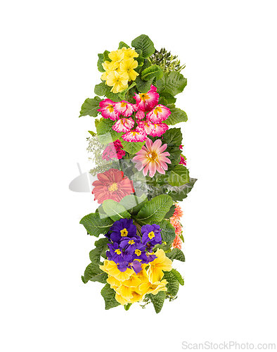 Image of Letter I made of various colorful flowers