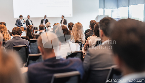 Image of Interview and round table discussion at business convention and presentation. Audience at the conference hall. Business and entrepreneurship symposium