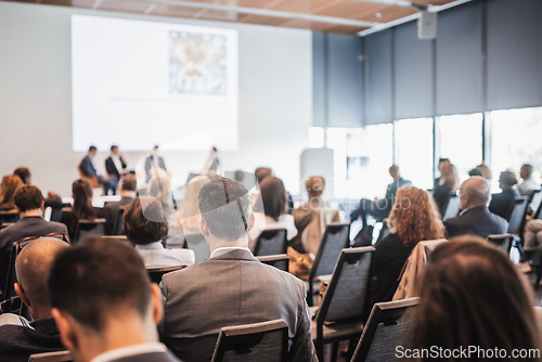 Image of Interview and round table discussion at business convention and presentation. Audience at the conference hall. Business and entrepreneurship symposium