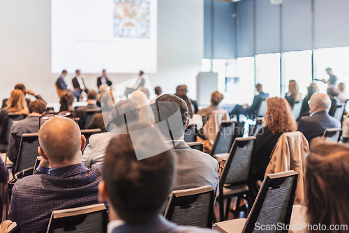 Image of Interview and round table discussion at business convention and presentation. Audience at the conference hall. Business and entrepreneurship symposium