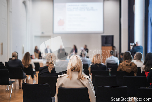 Image of Round table discussion at business convention and Presentation. Audience at the conference hall. Business and entrepreneurship symposium
