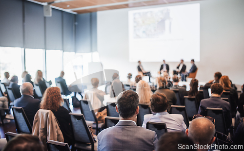 Image of Interview and round table discussion at business convention and presentation. Audience at the conference hall. Business and entrepreneurship symposium