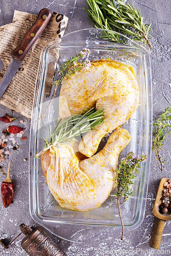 Image of Raw chicken leg quarters