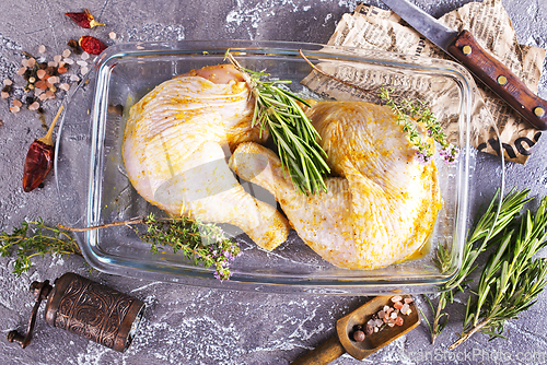 Image of Raw chicken leg quarters