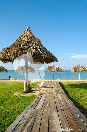 Image of Beach with parasols and sunbeds