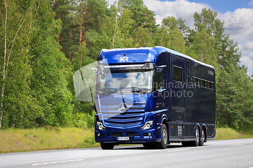 Image of Blue Mercedes-Benz Actros 2648 Krismar Horse Transporter 