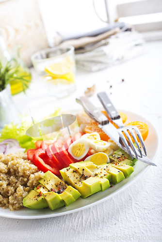Image of Fresh vegetable salad with broccoli, cucumber and other vegetables