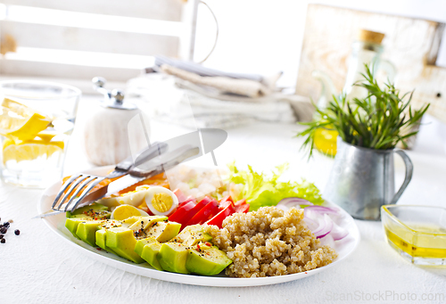 Image of Fresh vegetable salad with broccoli, cucumber and other vegetables