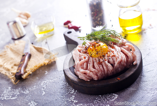 Image of Raw minced chicken fillet, uncooked meat over board