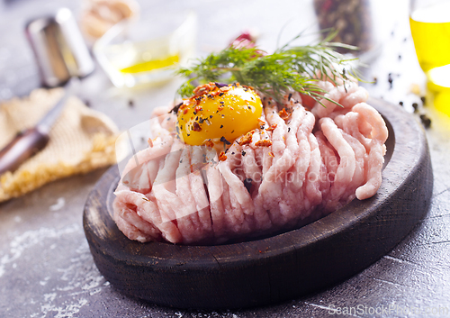 Image of Raw minced chicken fillet, uncooked meat over board