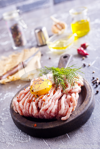 Image of Raw minced chicken fillet, uncooked meat over board