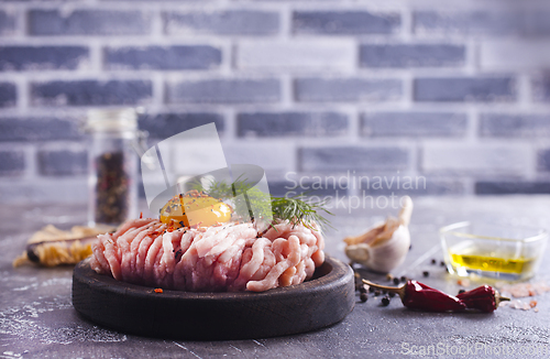 Image of Raw minced chicken fillet, uncooked meat over board