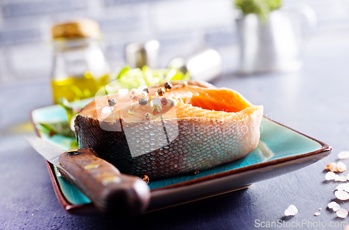 Image of Fresh raw salmon steak with spices. Healthy seafood food