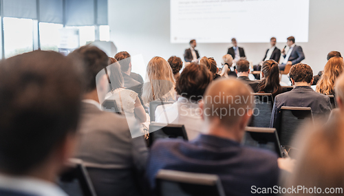 Image of Interview and round table discussion at business convention and presentation. Audience at the conference hall. Business and entrepreneurship symposium