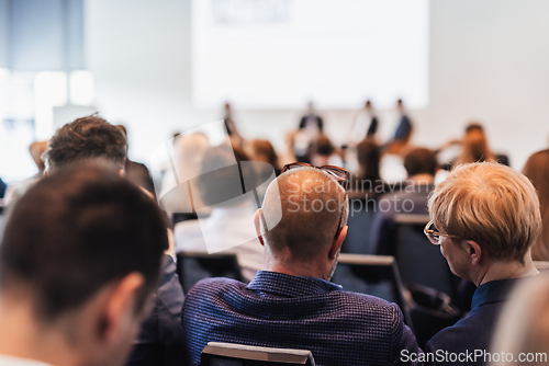 Image of Interview and round table discussion at business convention and presentation. Audience at the conference hall. Business and entrepreneurship symposium