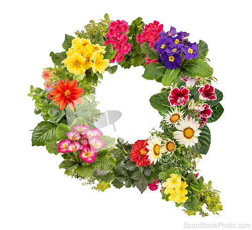 Image of Letter Q made of various colorful flowers