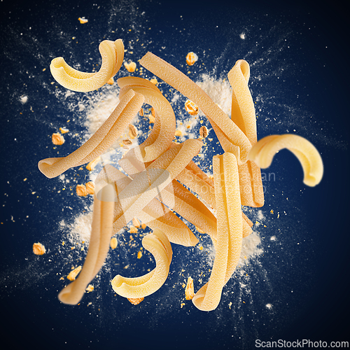 Image of Caserecce pasta pieces exploding