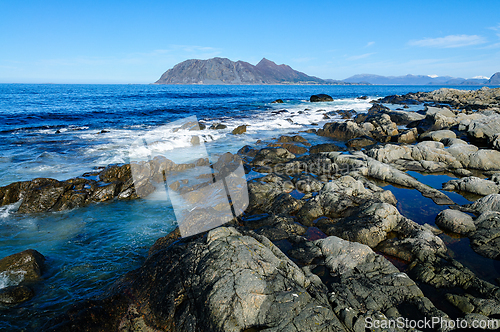 Image of Majestic coastal landscape of Norway features dramatic rocks and