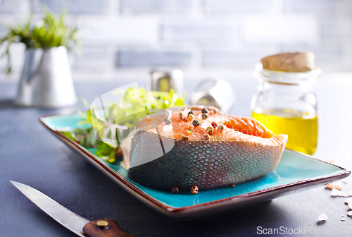 Image of Fresh raw salmon steak with spices. Healthy seafood food
