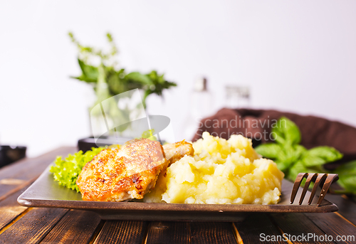 Image of chicken cutlet from minced meat with mashed potato