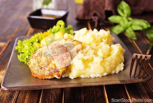 Image of chicken cutlet from minced meat with mashed potato