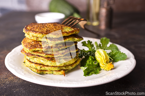 Image of Zucchini Fritters with Herbs and Cream Cheese Topping, Tasty Vegetable Pancakes