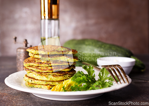 Image of Zucchini Fritters with Herbs and Cream Cheese Topping, Tasty Vegetable Pancakes