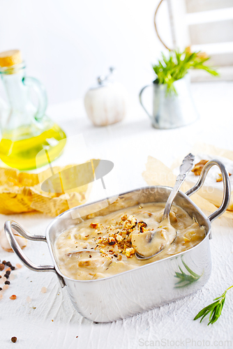 Image of Mushroom sauce in metal bowl