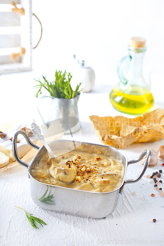 Image of Mushroom sauce in metal bowl
