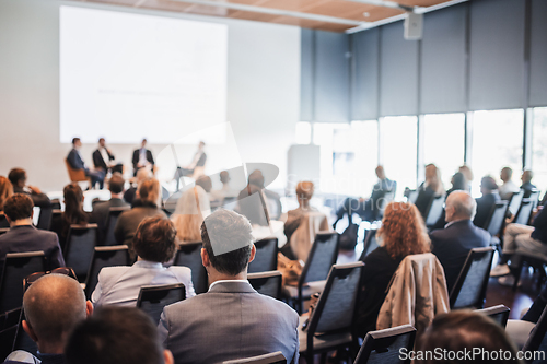 Image of Interview and round table discussion at business convention and presentation. Audience at the conference hall. Business and entrepreneurship symposium