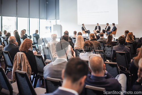 Image of Interview and round table discussion at business convention and presentation. Audience at the conference hall. Business and entrepreneurship symposium