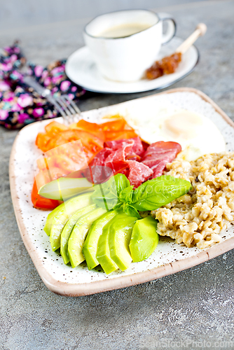 Image of Healthy breakfast. oat flakes with avocado