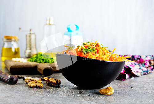 Image of Korean carrot spicy salad in the bowl