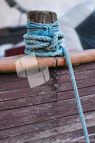 Image of Blue rope knot on a ship