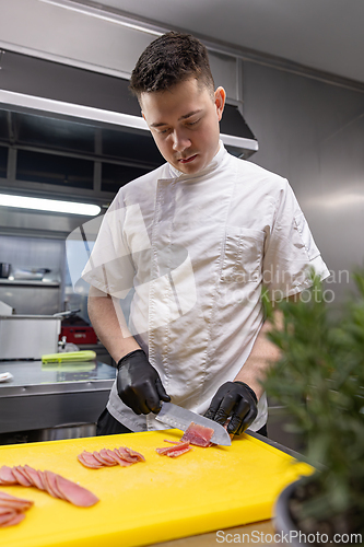 Image of Professional chef slicing tuna