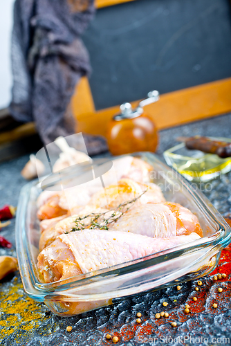 Image of Raw chicken drumsticks with seasonings in glass plate. Chicken legs ready to cook.