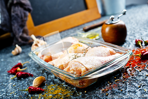 Image of Raw chicken drumsticks with seasonings in glass plate. Chicken legs ready to cook.