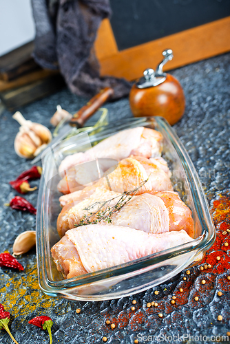 Image of Raw chicken drumsticks with seasonings in glass plate. Chicken legs ready to cook.